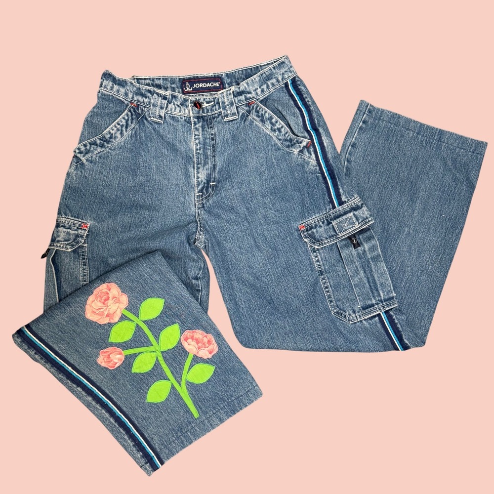 Vintage Y2K Jordache Jeans 28x27 OOAK Rose Applique Wide Leg Cargo Streetwear